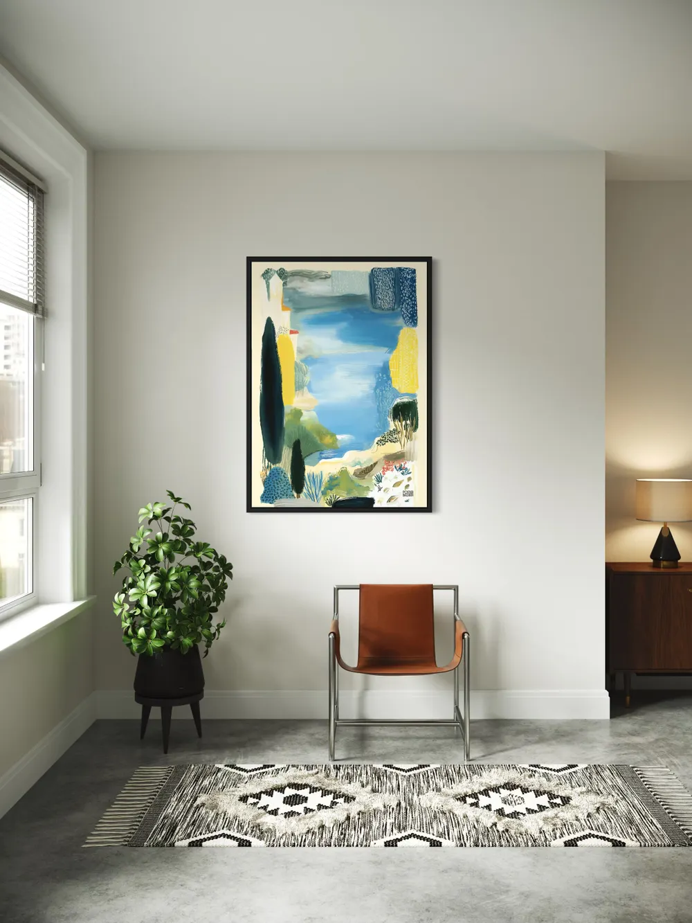 Plakat Azure Retreat - malowniczy krajobraz nad błękitnym jeziorem z domkami - obrazek 3