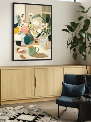 Plakat Pastel Morning - filiżanka kawy i pastelowe kwiaty w jasnym świetle - obrazek 3