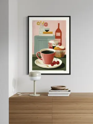 Plakat Coffee Break - filiżanka kawy z wiśniami i babeczką w pastelowym stylu - obrazek 2