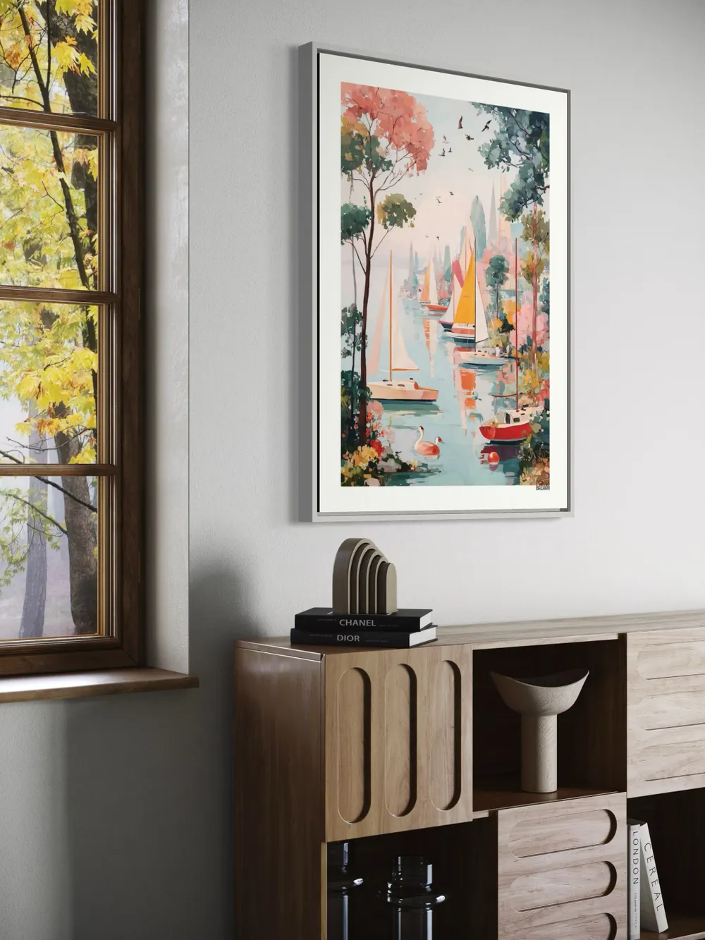 Plakat Sailboats Lake - kolorowe żaglówki na spokojnym jeziorze - obrazek 3
