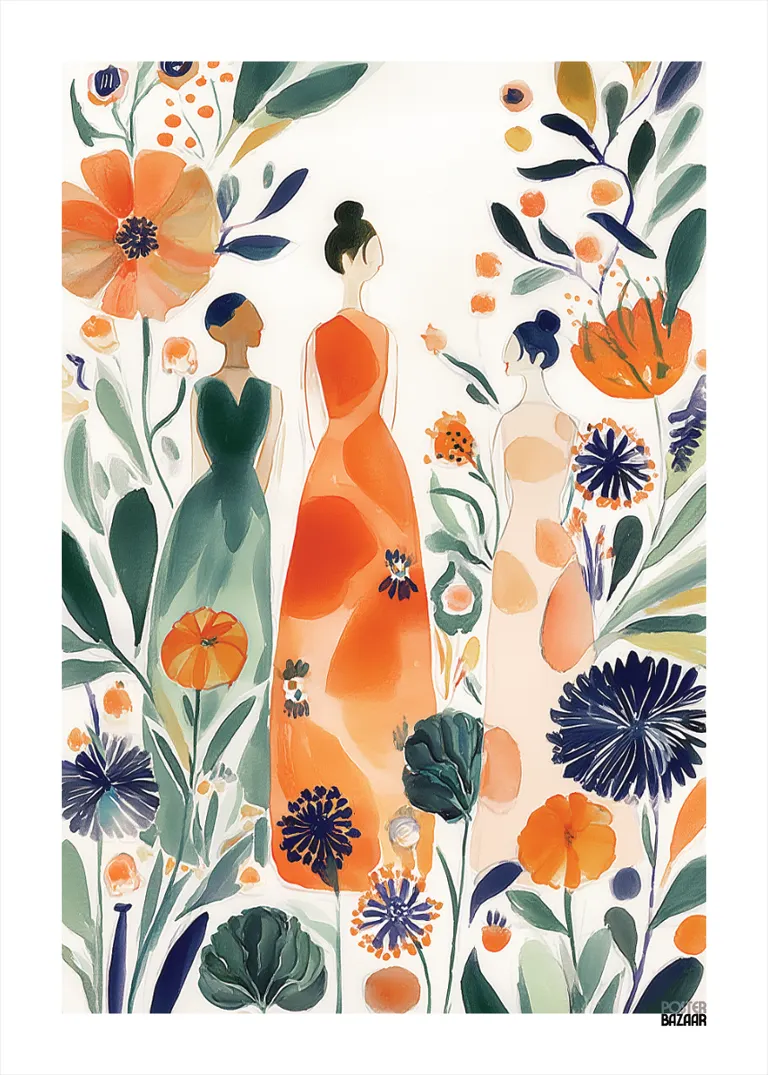 Floral Ladies — trzy kobiety w sukniach pośród kwiatów, akwarela, pomarańcz zieleń granat