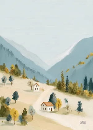 Plakat Mountain Valley - plakat z chatkami na pastelowych wzgórzach