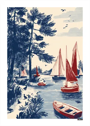 Plakat Sailing Lake - szkicowe jezioro z żaglówkami w retro stylu