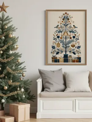 Plakat Nordic Gift Tree - stylizowane drzewko z ptaszkami i prezentami w folkowym stylu - obrazek 2