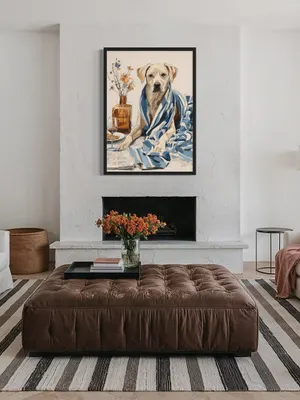 Plakat Pampered Pooch - elegancki pies owinięty w pasiasty koc z lampką wina, malarska ilustracja w beżu i błękicie - obrazek 3
