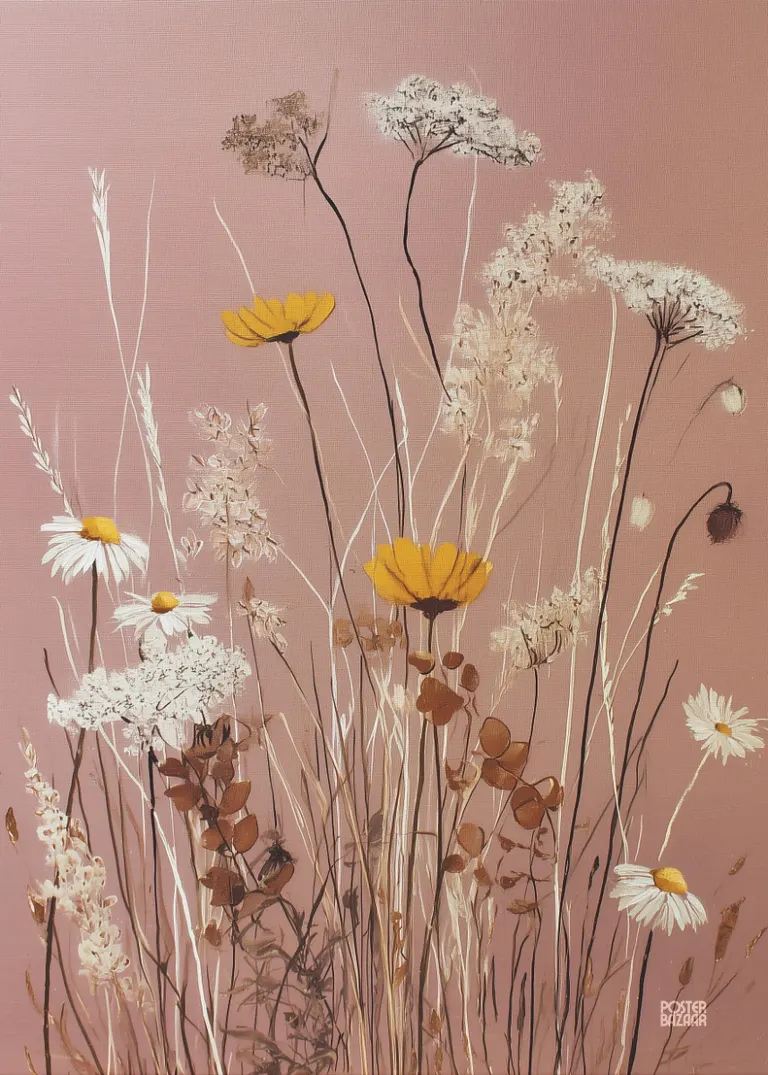 Wildflower Sketch — polne kwiaty w abstrakcyjnym stylu, pastelowy róż, żółć i beż