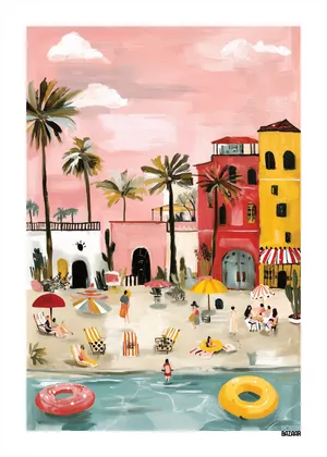 Plakat Tropical Beach - kolorowy plakat z palmami, pastelowymi budynkami i różowym niebem