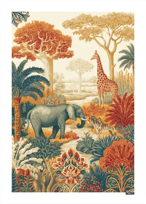 Plakat Savanna Wildlife - słonie, żyrafy i zebry na afrykańskiej sawannie w ciepłych kolorach