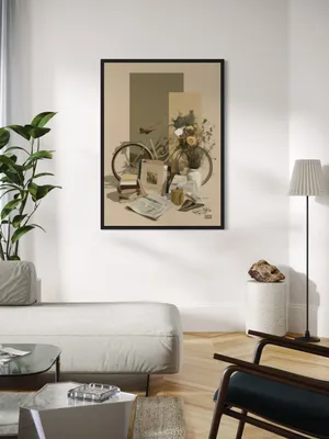 Plakat Bicycle Still Life - klasyczny rower retro, książki, kwiaty, ciepła kolorystyka - obrazek 2