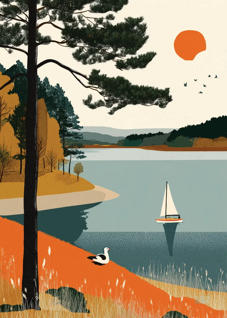 Lake View — spokojne jezioro z żaglówką, drzewa i ptaki w ilustracyjnym stylu