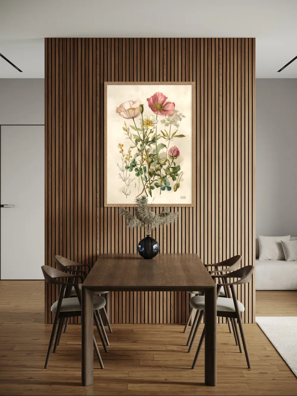 Plakat Wild Bloom Study - delikatne polne kwiaty w botanicznym stylu, z różowymi makami i zielonymi liśćmi, beżowe tło - obrazek 2