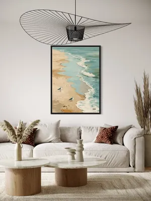 Plakat Seaside Calm - spokojna plaża z mewami w pastelowych odcieniach - obrazek 2