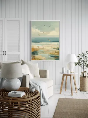 Plakat Coastal Birds - spokojna plaża z mewami w pastelowych kolorach - obrazek 2