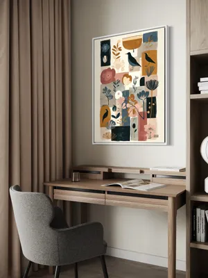 Plakat Birds & Flowers - czarne ptaki wśród kolorowych abstrakcyjnych kwiatów - obrazek 3