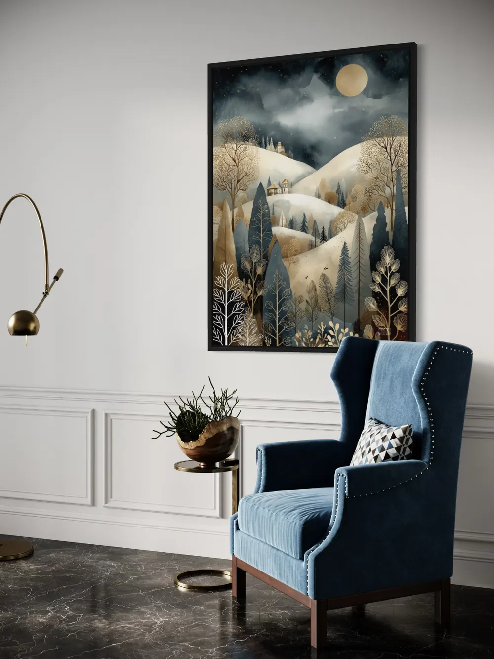 Plakat Moonlit Hillside - nocny krajobraz wzgórz w świetle księżyca - obrazek 2