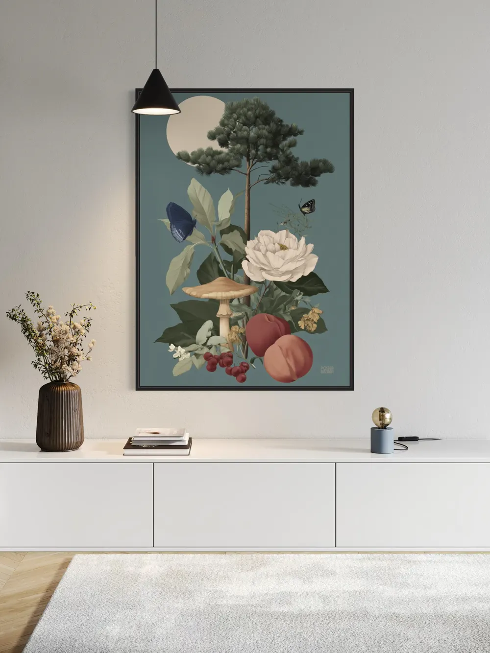 Plakat Nature Harmony - elegancki retro plakat z drzewem, piwonią i motylami - obrazek 2