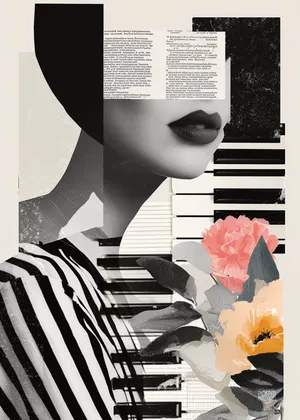 Plakat Piano Muse - tajemnicza kobieta w kolażu