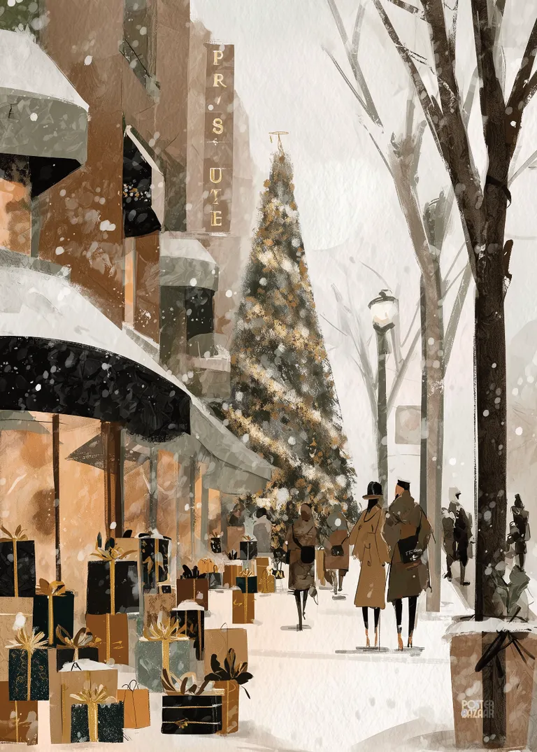 Gift Lane — zimowa ulica z prezentami i choinką w akwarelowym stylu