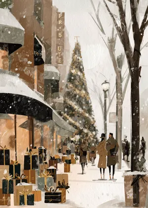Plakat Gift Lane - zimowa ulica z prezentami i choinką w akwarelowym stylu