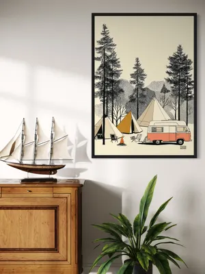 Plakat Forest Campers - plenerowe pole namiotowe z tipi i różowym kamperem - obrazek 3