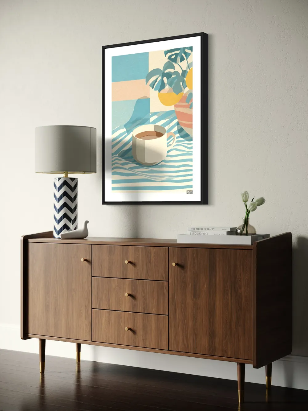 Plakat Morning Coffee - filiżanka kawy na pastelowym, pasiastym obrusie - obrazek 3