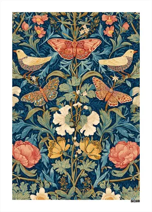 Plakat Botanical Birds - ptaki i kwiaty na ciemnoniebieskim tle