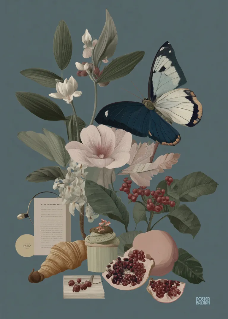 Butterfly Feast — elegancki motyl na tle liści i owoców