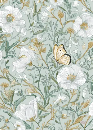 Plakat Mint Petals - delikatne biale kwiaty zielone liscie motyl