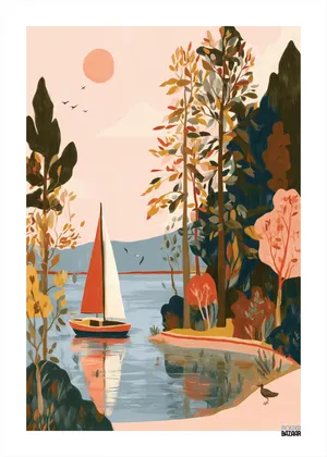 Plakat Sailboat Lake - żaglówka na jeziorze w pastelowych kolorach
