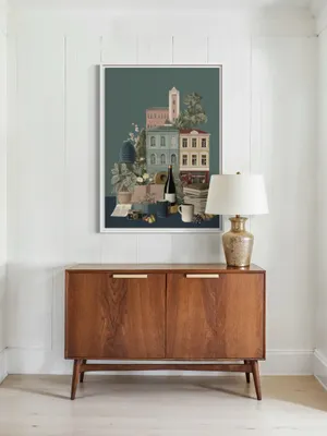 Plakat Urban Still Life - pastelowe kamienice i kwiaty w spokojnych odcieniach - obrazek 2