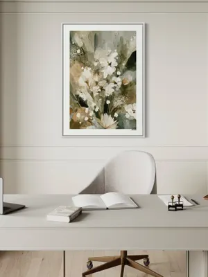Plakat Green Bloom - delikatny bukiet białych kwiatów na zielonych liściach, akwarela - obrazek 2