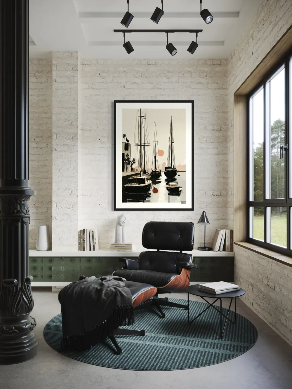 Plakat Harbor Still - spokojna marina z jachtami, różowe słońce, szkicowy styl - obrazek 2