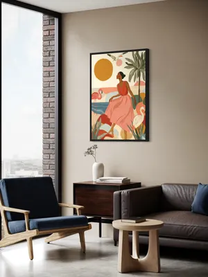 Plakat Tropical Dream - kobieta w różowej sukience na egzotycznej plaży z palmami i flamingami - obrazek 3