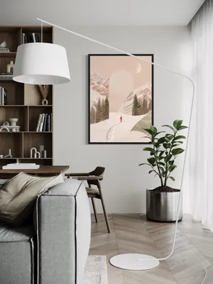 Plakat Pastel Solitude - samotna postać w śnieżnym krajobrazie, góry, drzewa, pastelowy księżyc - obrazek 2